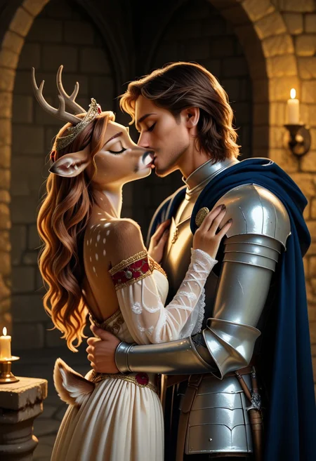 photoreal,  (1girl, fawn furry), (1man,human), anthropomorphic deer girl kissing human male, soft brown fur with white spots, large expressive doe eyes, long eyelashes, wearing an elegant medieval gown in deep red and gold, flowing fabric, golden embroidery, delicate lace sleeves, ornate jeweled tiara, long wavy hair cascading down her back, dainty cloven hooves peeking from beneath the dress, embracing a handsome human man, strong yet gentle, wearing a regal knight’s attire with a deep blue cape, silver armor reflecting candlelight, their lips touching softly, intimate and tender moment, romantic medieval castle setting, stone walls adorned with tapestries, flickering candlelight, warm golden glow, ultra detailed, cinematic lighting, fairy tale romance, noble elegance.