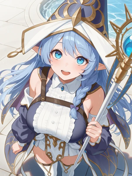 1girl, solo, staff, holding staff, smile, open mouth, looking up, from above, large breasts, witch dress, blue detached sleeves, white thighhighs, blue witch hat, water enchantress of the temple
masterpiece,best quality,amazing quality,very aesthetic,absurdres,newest,<lora:Water Enchantress of the temple illuXL v1.1:0.7>,