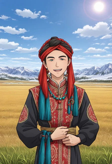 Khampa Tibetan Red Headknots
wearing Red Headknots,solo,1 handsome young man,,1 tibetan boy,happy,looking at the viewer
anime screencap,tibetan dress, looking at viewer,grassland,sun,meadow,cloudy sky,blue sky,winter,snow