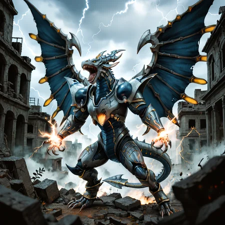 , score_9, score_8_up, score_7_up, rating_safe,solo,no humans,dragon,dorugoramon,horns,yellow eyes,wings,tail,claws,open mouth,teeth,roaring,motion lines,spread_wings,fighting stance,outdoors,buildings,ruins,rubble,cloudy,storm,yellow eyes.lightning,photo,realistic,cinematic,HDR,DLSR,film grain,85mm lens, shallow depth of field, highly detailed, cinematic composition,<lora:DORUgoramonPony:0.95>
