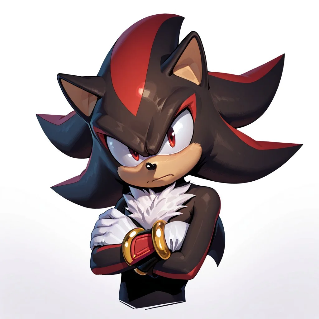 FutureFightStyle, ((semi realistic)), score_9, score_8_up, score_7_up, 8k, absurd res, evnstnly, masterpiece,1boy, solo, sonic (series), male focus, male, shadow the hedgehog, black fur, red eyes, white background, white gloves, beige fur, (((head shot))), angry, lineless, closed mouth, head tilt, looking at viewer side view, crossed arms, cartoon,