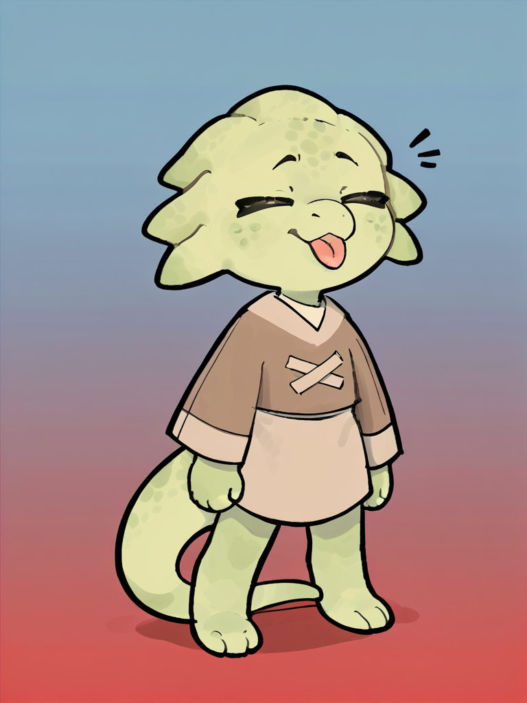 score_9_up, score_8_up, rating_safe, solo, scalie, lihzahrd, green body, brown clothes, tongue out, silly, closed eyes, full body, front, gradient background, blue background, red background, digital media \(artwork\), <lora:Lihahrd-000009:1>, tmchng artstyle, dot eyes, <lora:TemmieChang_ver2:1>