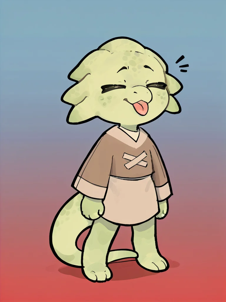 score_9_up, score_8_up, rating_safe, solo, scalie, lihzahrd, green body, brown clothes, tongue out, silly, closed eyes, full body, front, gradient background, blue background, red background, digital media \(artwork\), <lora:Lihahrd-000009:1>, tmchng artstyle, dot eyes, <lora:TemmieChang_ver2:1>