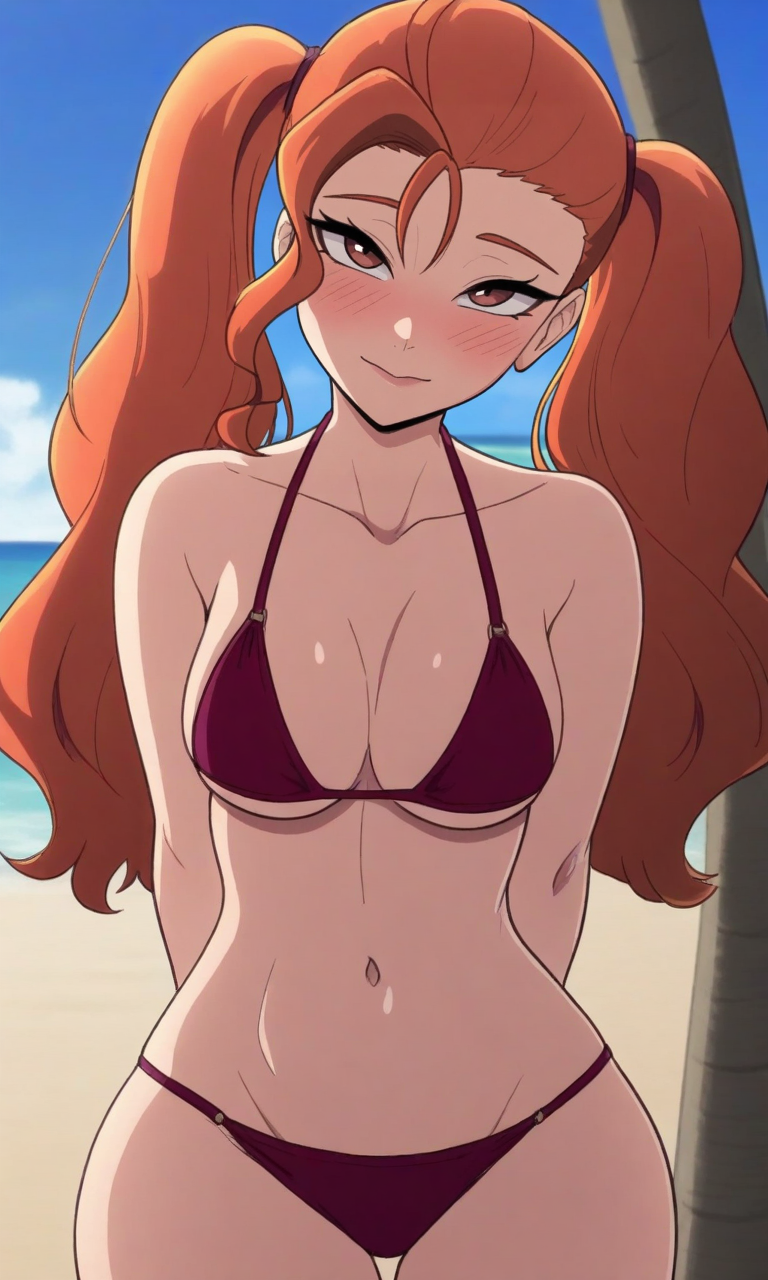 masterpiece, best quality, high resolution, absurdres, 1girl, derpixonstyle, bikini, looking_at_viewer, beach, blush, head_tilt, arms_behind_back