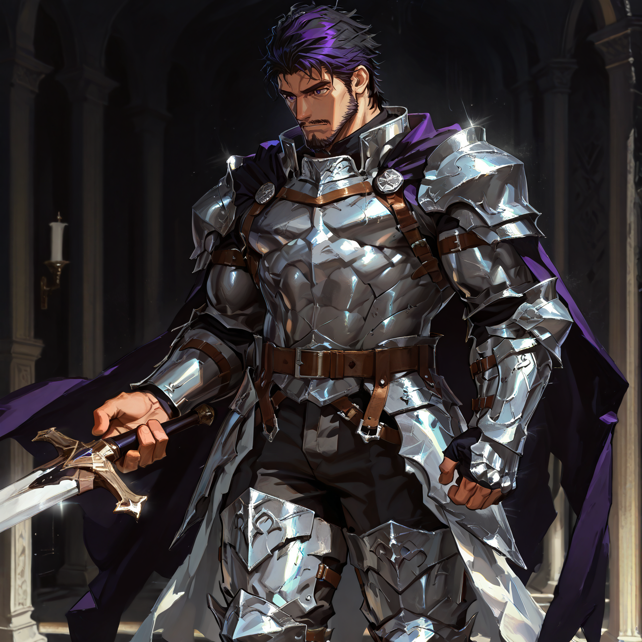 <lora:Andechs__Alchemist_Code:.75> tagatameandechs, andechs_black hair, andechs_purple hair, 1boy, short hair, cape, solo, male focus, manly, mature male, bara, muscular male,, belt, armor, waistcape, pants, thigh boots,
short hair, male focus, muscular male, muscular male, bara, mature, (hairy body, hairy, body hair, glossy skin, bara, mature, facial hair, beard, full beard, sideburn, mustache, stubble), facial hair, bara, mature, body hair, aixiwuganda_(20222192), very awa, masterpiece, best quality, absurdres, newest, perfect quality, detailed background, intricate details,, <lora:slider_Body Type_alpha1.0_rank4_noxattn_last:3><lora:Anime Summer Days 2 Style SDXL_LoRA_Pony Diffusion V6 XL:.6><lora:merged:.7>, DARK, DARK BACKGROUND, LOW-KEY LIGHTING <lora:slider_cfg_scale_boost:.7><lora:Artist6p:.55>, Artist6p, Artist04p,<lora:slider_il_contrast_slider_d1:-.25>,<lora:slider_contract_controller_illus01_v1:.3>, <lora:addon_illustriousXLv01_stabilizer_v1.121:.5>,<lora:Heavenly_Beauty_r1:1>, (heavenlybeauty,)<lora:slider_style_strength_controller_illus01_v1:.25>
