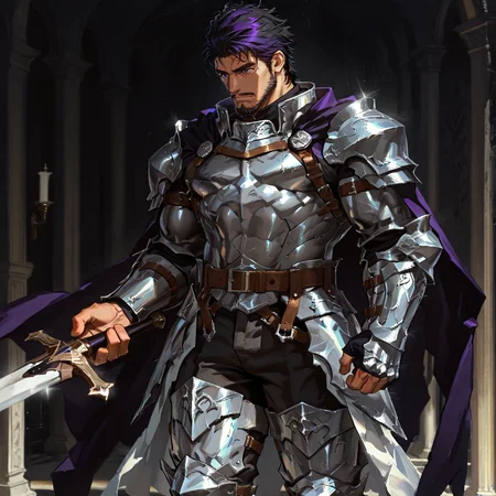 <lora:Andechs__Alchemist_Code:.75> tagatameandechs, andechs_black hair, andechs_purple hair, 1boy, short hair, cape, solo, male focus, manly, mature male, bara, muscular male,, belt, armor, waistcape, pants, thigh boots,
short hair, male focus, muscular male, muscular male, bara, mature, (hairy body, hairy, body hair, glossy skin, bara, mature, facial hair, beard, full beard, sideburn, mustache, stubble), facial hair, bara, mature, body hair, aixiwuganda_(20222192), very awa, masterpiece, best quality, absurdres, newest, perfect quality, detailed background, intricate details,, <lora:slider_Body Type_alpha1.0_rank4_noxattn_last:3><lora:Anime Summer Days 2 Style SDXL_LoRA_Pony Diffusion V6 XL:.6><lora:merged:.7>, DARK, DARK BACKGROUND, LOW-KEY LIGHTING <lora:slider_cfg_scale_boost:.7><lora:Artist6p:.55>, Artist6p, Artist04p,<lora:slider_il_contrast_slider_d1:-.25>,<lora:slider_contract_controller_illus01_v1:.3>, <lora:addon_illustriousXLv01_stabilizer_v1.121:.5>,<lora:Heavenly_Beauty_r1:1>, (heavenlybeauty,)<lora:slider_style_strength_controller_illus01_v1:.25>