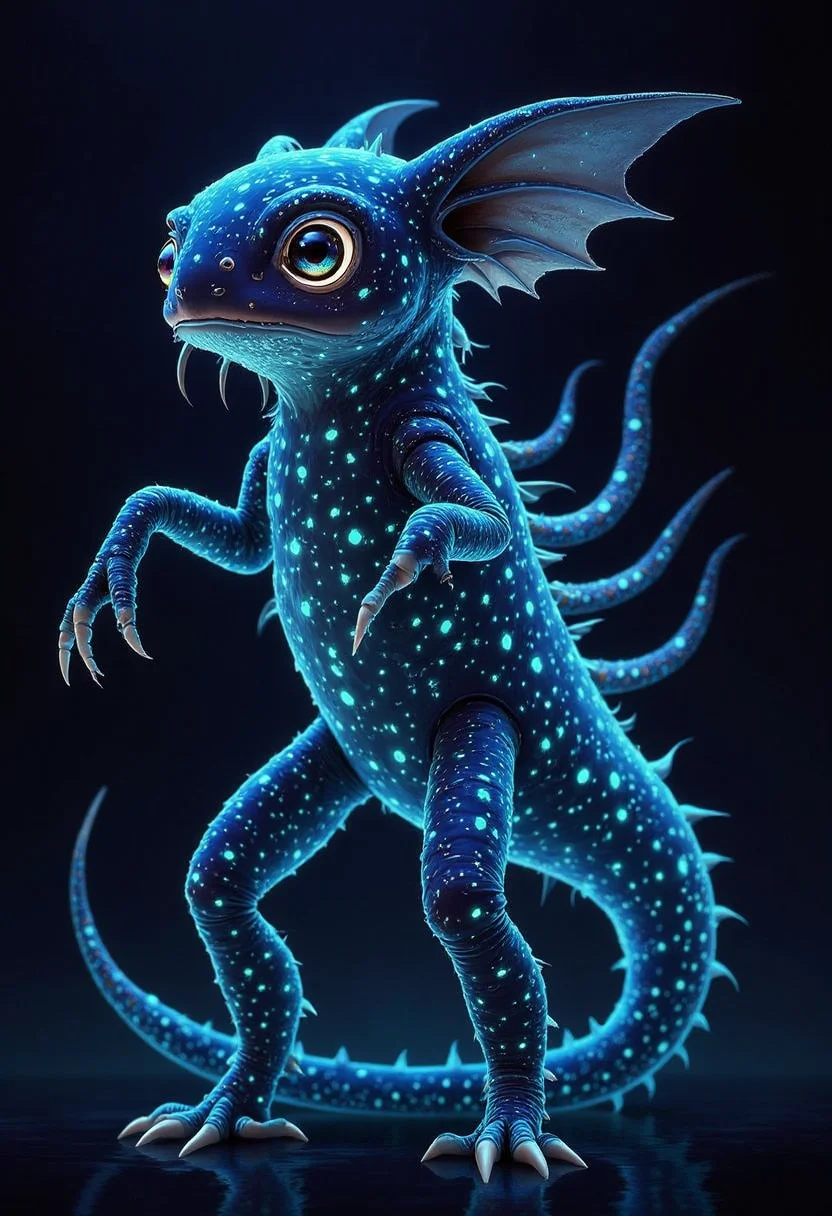 A yfg-bgy, its body covered in bioluminescent spots, glows brightly in the dark.