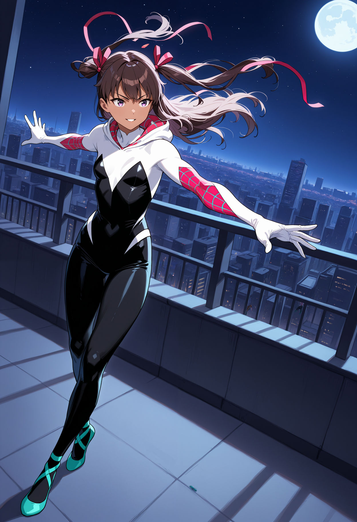 masterpiece, best quality, 1girl, solo, brown hair, two side up, hair ribbon, c-mizuki, very long hair, hooded bodysuit, spider web print, bodysuit, hood, gwenstacy, outdoors, rooftop, cityscape, building, spread arms, outstretched arms, full body, foreshortening, looking ahead, purple eyes, ballet shoes, aqua footwear, night, starry sky, balcony, moon, city lights, v-shaped eyebrows, smile, parted lips