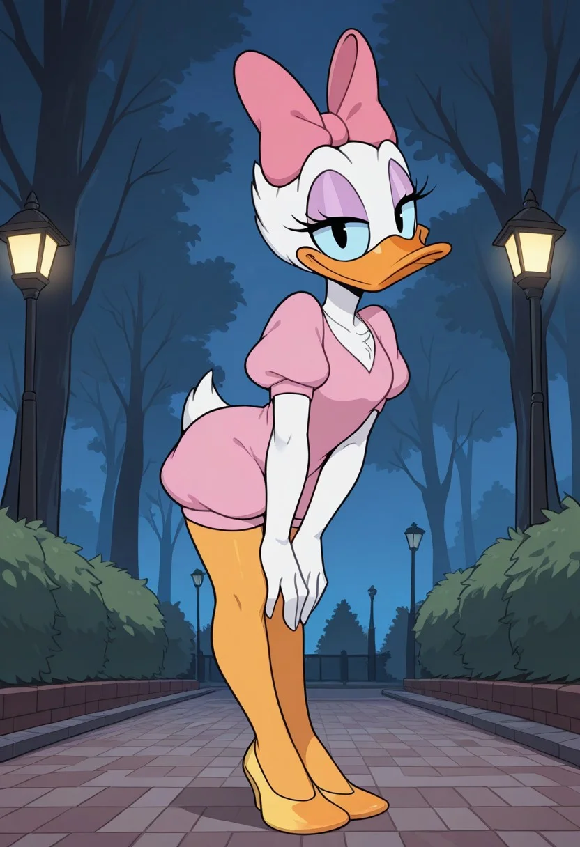 score_9,score_8_up,score_7_up,score_6_up,best quality,masterpiece,
background is park, trees,
((cinematic lighting)), (shading),
BREAK
1 girl, solo, daisyd, furry female, female duck, white skin, blue sclera, black eyes, hair bow, short puffy sleeves, eyeshadow
full body, looking at viewer, coy smile, seductive, teasing, flirting, half-closed eyes