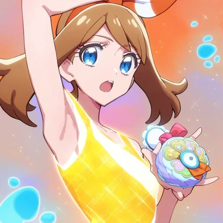 score_9,score_8_up,score_7_up,score_6_up,score_5_up,score_4_up, Wonderfulprecure, 1girl, solo, glowing body, open mouth, may/(pokemon/), sidelocks, brown hair, blue eyes, holding, arm up, armpit