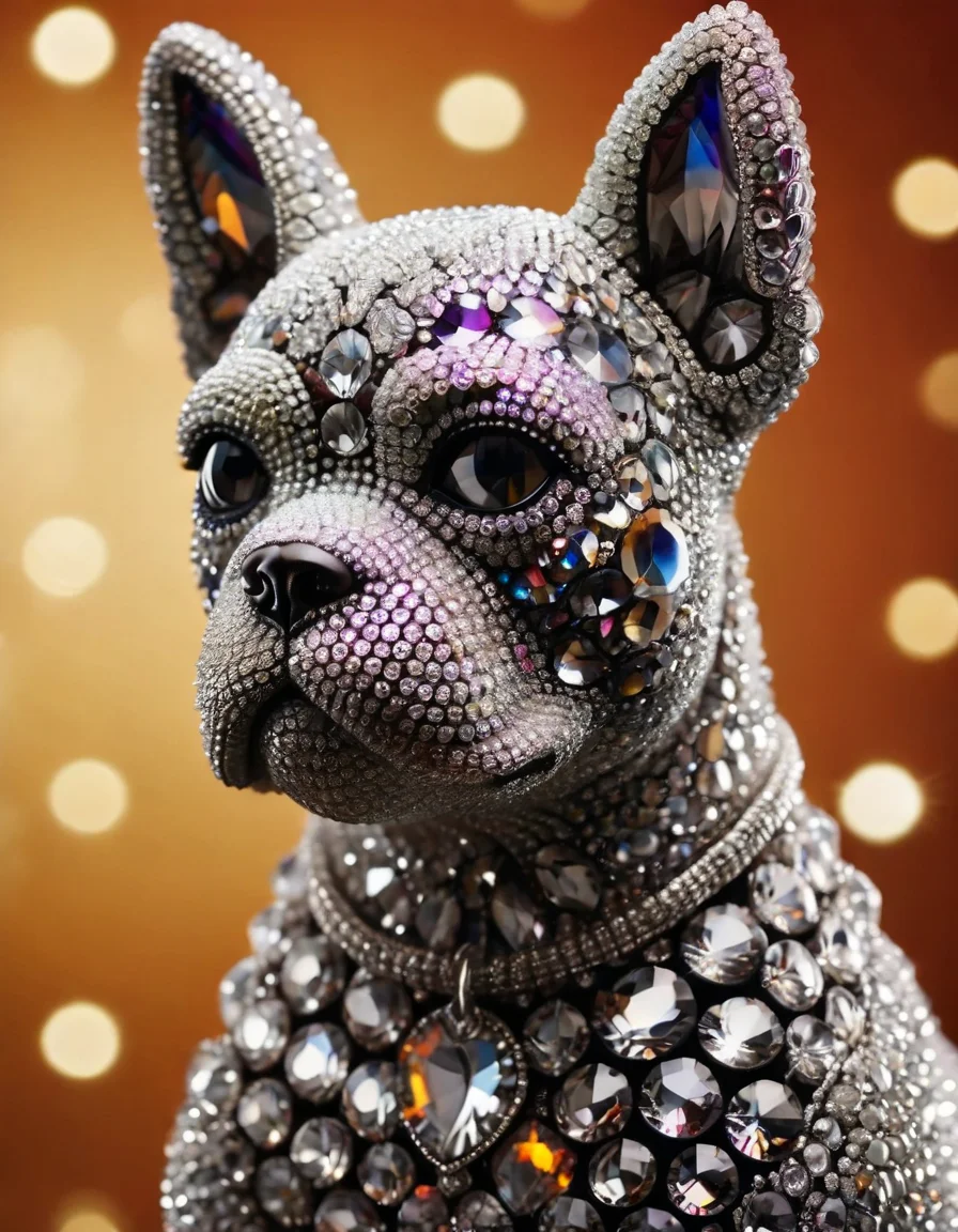made out of ral-swarcrystl, cinematic shot of a Groovy Boston Terrier, Foggy conditions, Cozy, Witchcore, L USM, Vivid Colors, epic, <lora:ral-swarcrystl-sdxl:0.75>, shiny, professional fine composition, detailed, handsome, beautiful detailed supreme quality color intricate