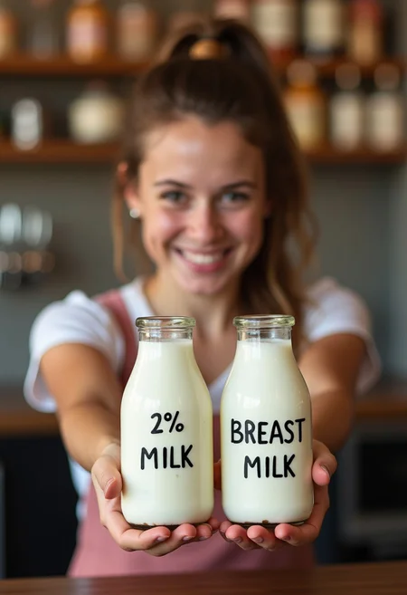 Cute female bartender holding the bottoms of two jars of milk. The milk jars are labeled "2% MILK" and "BREAST MILK".