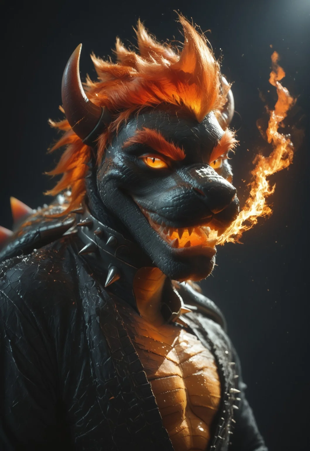 score_9, score_8_up, score_7_up, 1boy, solo, (3DMM), ExpressiveH, (FuryBowser, anthro, male scalie, black body, black scales, red hair, red eyebrows, white eyes, no pupils, spiked collar, spiked shell, fire breathing), looking at viewer, upper body, smile, open mouth, dark background, dungeon background, 4k, masterpiece, best quality, highly detailed, realistic, cowboy shot
