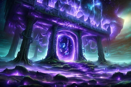 RAW photo, (masterpiece:1.3), subsurface scattering, heavy shadow, (high quality:1.4), (intricate, high detail:1.2), professional photography, HDR, High Dynamic Range, realistic, ultra realistic, photorealistic, high resolution, film photography, ambient lighting, flood of energy, atmospheric effects, GlowingRunes_purple, <lora:detail_slider_v4:2>, OverallDetail, <lora:Portal:1>, cloud, forest, grass, mushroom, nature, outdoors, plant, portal, scenery, starry sky, tree, epiCPhoto