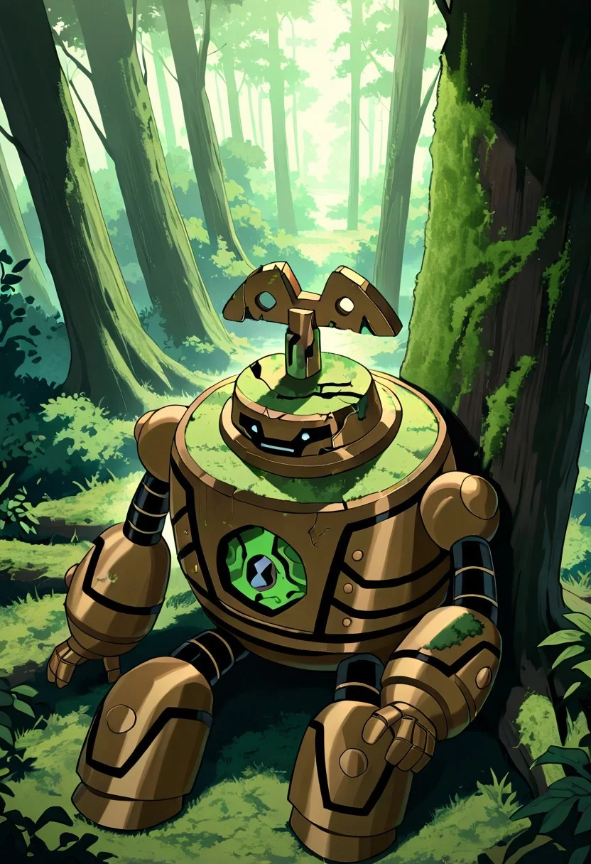masterpiece, best quality, amazing quality, very aesthetic, absurdres, newest,
clockwork, robot, solo, no humans,
sitting under tree, black face, black mouth, black eyes, rusty robot, from above, moss, rust on robot, in forest, overgrown robot, overgrown forest, leaning on tree, broken robot, damaged robot,