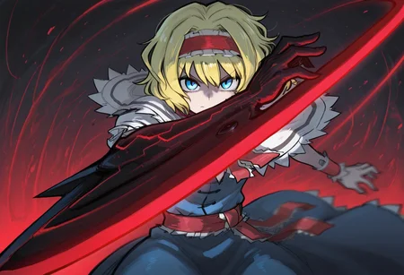 best quality, high quality, hires,
1girl, solo, alice margatroid,
bois de justice, weapon, arm blade,
looking at viewer, dynamic pose,
