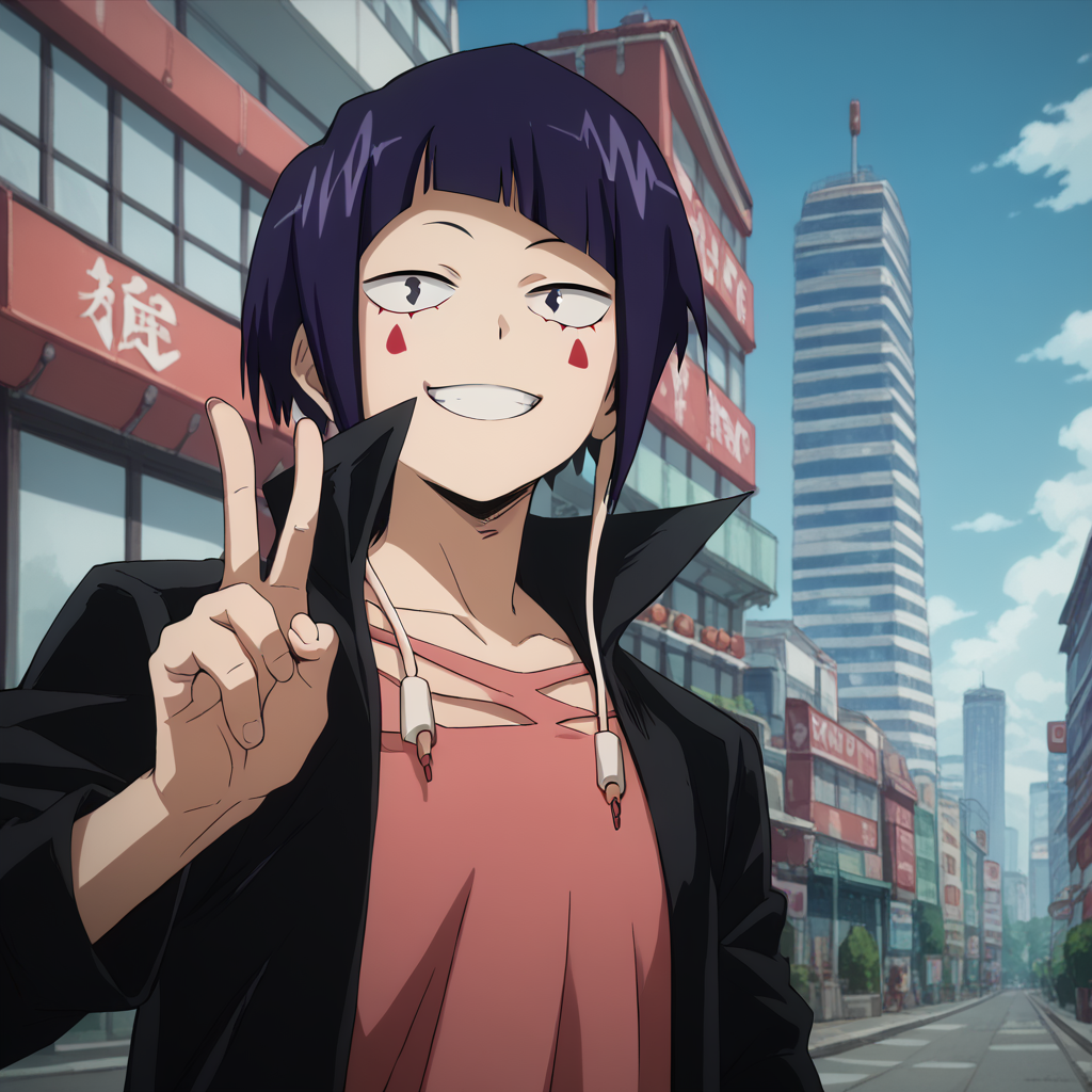 <lora:SlimesJiro:1>, score_9, score_8_up, score_7_up, slimes_jiro, black hair, facial marks, smiling, peace handsign, skyscraper background