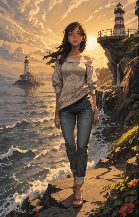 score_9_up, score_8_up, score_7_up, best quality, ultra highres, Casual, shiny skin, detailed, detailed background,
1girl, lighthouse cliffs environment, early dawn environment, serene theme, standing on a rocky outcrop near the lighthouse, soft pink and orange lighting from the rising sun
BREAK
waves crashing against the base of the cliffs, a small flock of seagulls circling above, patches of grass growing between the rocks, the lighthouse beacon faintly glowing
BREAK
1girl, long hair, loose and slightly tousled, chestnut brown hair, casual coastal style, oversized knitted cream sweater, rolled-up denim jeans, calm expression,
<lora:incase---1:0.3> <lora:Hyung_Tae_Kim_Style_BladeSoul_for_Pony:1> htk_style, anime illustration