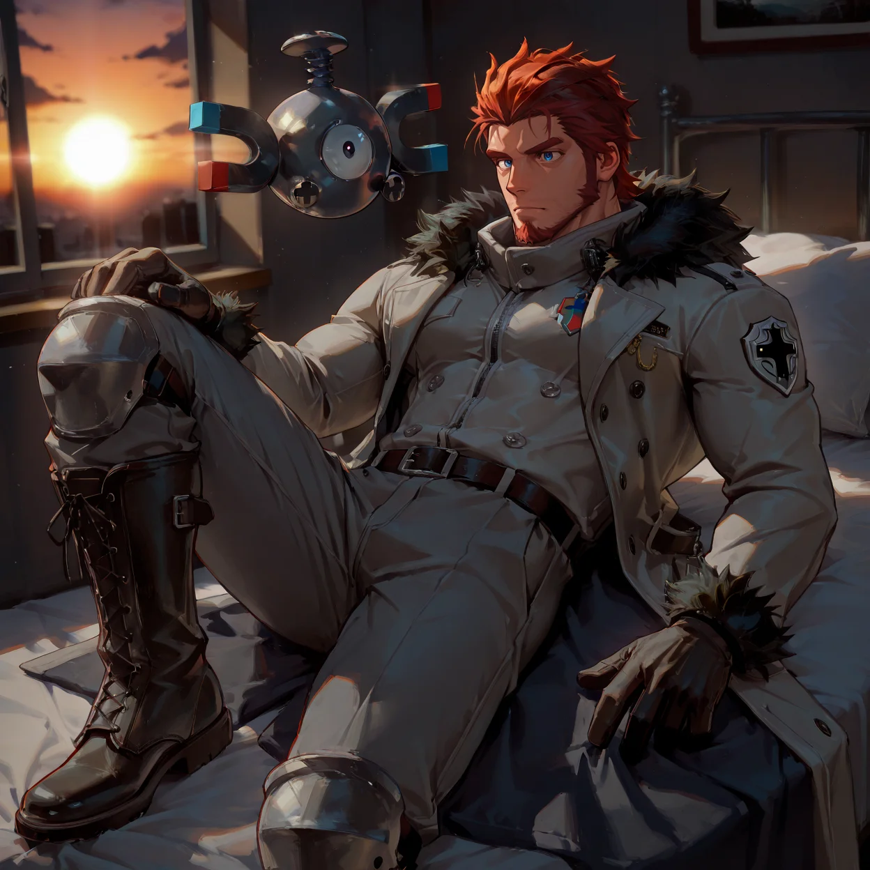 <lora:face_Zeke_Alchemist_Code-000003:.6> tagatamezeke, 1boy, red hair, slicked back, sideburns, spiked hair, blue eyes, solo, male focus, manly, muscle body, bara, mature male, coat, fur trim, emblem, belt, boots, pants, armor, gloves, lying on the bed, sunset, window, lens flare,
<lora:MagnemitePokedex_IXL:.8> zzMgnmt,
(very short hair, beard, bara, mature, facial hair, stubble, beard, full beard, sideburn, beard, a lot of beard, ), facial hair,male focus, muscular male, muscular male, bara, mature, bara, mature, aixiwuganda_(20222192), very awa, masterpiece, best quality, absurdres, newest, perfect quality, detailed background, intricate details,
<lora:slider_Body Type_alpha1.0_rank4_noxattn_last:3><lora:Anime Summer Days 2 Style SDXL_LoRA_Pony Diffusion V6 XL:.6><lora:slider_cfg_scale_boost:.7><lora:Artist6p:.55>, Artist6p, Artist04p,<lora:slider_il_brightness_slider_d1:-1><lora:slider_il_contrast_slider_d1:-1><lora:slider_DarkSlider1.2_alpha1.0_rank16_full_300steps:-.6>