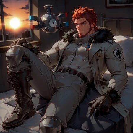 <lora:face_Zeke_Alchemist_Code-000003:.6> tagatamezeke, 1boy, red hair, slicked back, sideburns, spiked hair, blue eyes, solo, male focus, manly, muscle body, bara, mature male, coat, fur trim, emblem, belt, boots, pants, armor, gloves, lying on the bed, sunset, window, lens flare,
<lora:MagnemitePokedex_IXL:.8> zzMgnmt,
(very short hair, beard, bara, mature, facial hair, stubble, beard, full beard, sideburn, beard, a lot of beard, ), facial hair,male focus, muscular male, muscular male, bara, mature, bara, mature, aixiwuganda_(20222192), very awa, masterpiece, best quality, absurdres, newest, perfect quality, detailed background, intricate details,
<lora:slider_Body Type_alpha1.0_rank4_noxattn_last:3><lora:Anime Summer Days 2 Style SDXL_LoRA_Pony Diffusion V6 XL:.6><lora:slider_cfg_scale_boost:.7><lora:Artist6p:.55>, Artist6p, Artist04p,<lora:slider_il_brightness_slider_d1:-1><lora:slider_il_contrast_slider_d1:-1><lora:slider_DarkSlider1.2_alpha1.0_rank16_full_300steps:-.6>