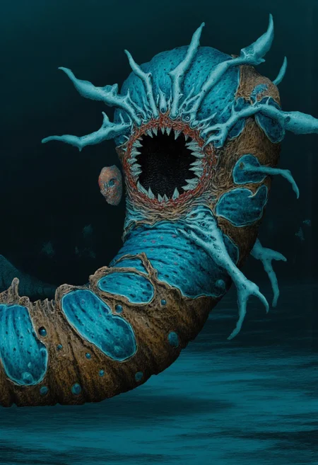b3rs3rk first person d4concept pov, 3D01S, simple background d4artstyle atmospheric and powerful MikeFranchinastyle dark fantasy, natural organic and first person pov of a berserk style creature
A Tsutomu Nihei style
Colossal deep-sea eel creature with biomechanical aesthetic, translucent ghostly-blue flesh revealing internal structures. Enormous circular maw filled with concentric rings of crystalline teeth, multiple rows deep. Massive lidless eyes with bioluminescent glow, surrounded by broad fin-like sensory organs resembling gothic architecture. Serpentine body with segmented bone-like plating and ethereal membrane fins undulating along length. Vestigial arms ending in sharp bio-mechanical pincers, legs with six webbed claws emerging from scaled hide. Skin texture transitions between translucent blue membrane and armored plates with muddy brown base and intricate patterns of black and tan speckles. Underwater lighting creating ethereal glow effects and deep shadows, light filtering through membranous parts of body. Air bubbles and particles floating around creature suggest massive scale. Background features deep ocean darkness with subtle bioluminescent elements.
UHD letterboxed game trailer frame chromatic aberration dark atmosphere sharp masterpiece with a focus on the character, elden ring style, dark atmosphere, chromatic aberration