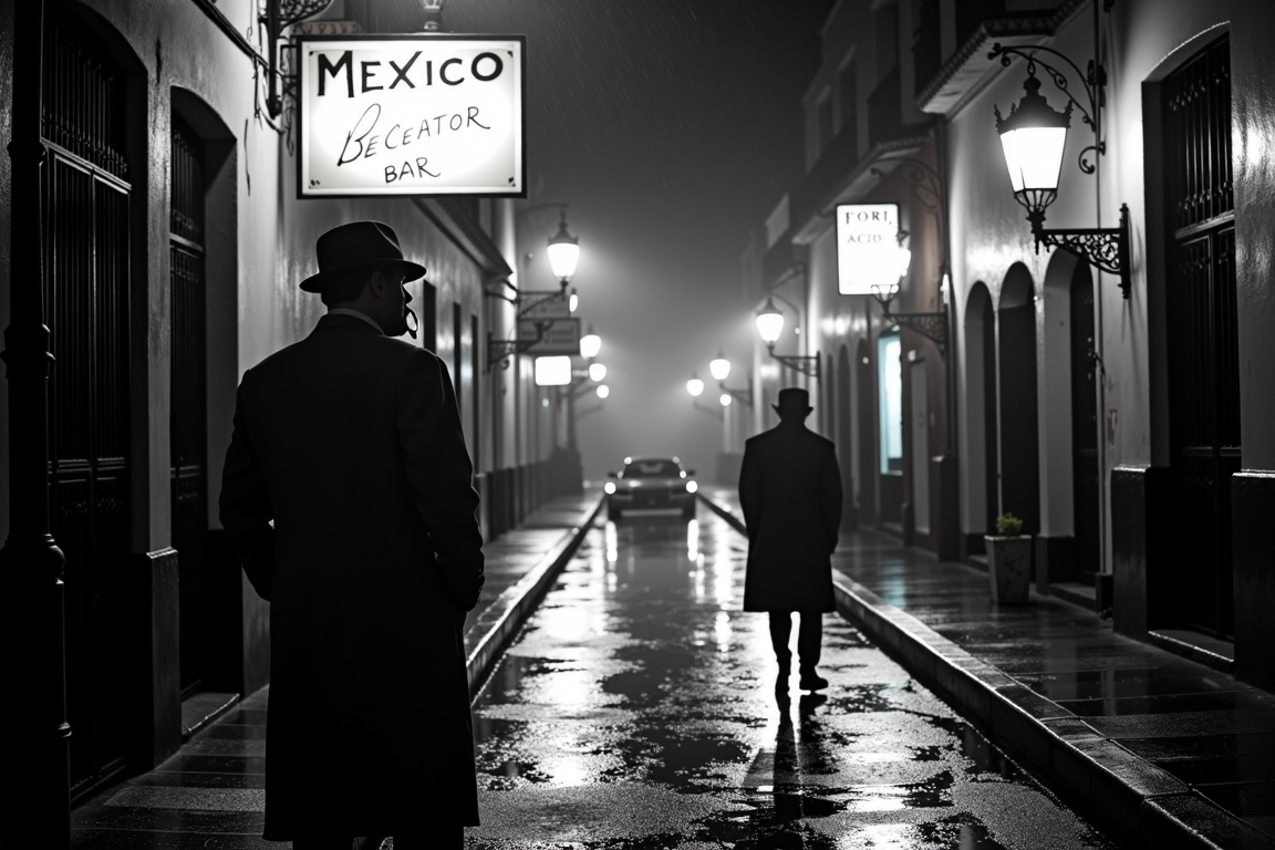 <lora:Mexican Noir Style-flux:1> mxnoirsty, black and white, dark,  Rainy Night in Mexico City (Urban Noir, Shot with a Contax II, Wet Pavement Reflecting Neon Lights)
A detective in a well-worn trench coat stands under a flickering streetlamp in the heart of Mexico City. His cigarette glows in the darkness as he watches a shadowy figure disappear down a narrow alley. The rain has turned the cobblestone streets into a mirror of neon reflectionsâfaintly illuminating old bar signs, the silhouettes of passing boleros, and the distant headlights of a sleek black car. Shot with high-grain 35mm film, the wet pavement gleams under the dim glow, evoking the mystery and intrigue of Mexican Noir at its finest.