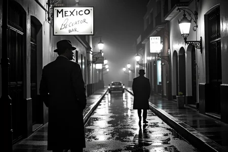 <lora:Mexican Noir Style-flux:1> mxnoirsty, black and white, dark, Rainy Night in Mexico City (Urban Noir, Shot with a Contax II, Wet Pavement Reflecting Neon Lights)
A detective in a well-worn trench coat stands under a flickering streetlamp in the heart of Mexico City. His cigarette glows in the darkness as he watches a shadowy figure disappear down a narrow alley. The rain has turned the cobblestone streets into a mirror of neon reflectionsâfaintly illuminating old bar signs, the silhouettes of passing boleros, and the distant headlights of a sleek black car. Shot with high-grain 35mm film, the wet pavement gleams under the dim glow, evoking the mystery and intrigue of Mexican Noir at its finest.