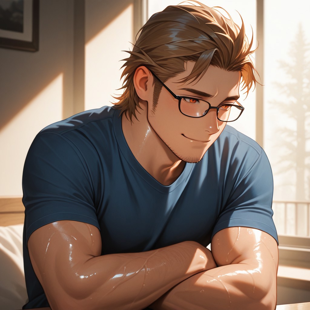 masterpiece, best quality, amazing quality, absurdres, newest, detailed background, definition so sharp, Ultra-HD, 8K cinematic, very awa, impressionate, amazing quality, highres, 
solo, male focus, manly, shadow, shiny skin,
ekusoushizumu, ekusou_brunette, ekusou_orange eyes, 1boy, short hair, sideburns, stubble, warm_glow, cozy_atmosphere, quiet, spectacles, dust_motes, peaceful_expression, natural_light, crossing arms, smile, blue shirt,
