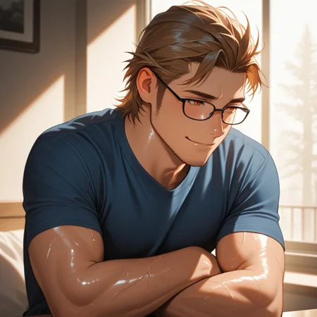 masterpiece, best quality, amazing quality, absurdres, newest, detailed background, definition so sharp, Ultra-HD, 8K cinematic, very awa, impressionate, amazing quality, highres,
solo, male focus, manly, shadow, shiny skin,
ekusoushizumu, ekusou_brunette, ekusou_orange eyes, 1boy, short hair, sideburns, stubble, warm_glow, cozy_atmosphere, quiet, spectacles, dust_motes, peaceful_expression, natural_light, crossing arms, smile, blue shirt,