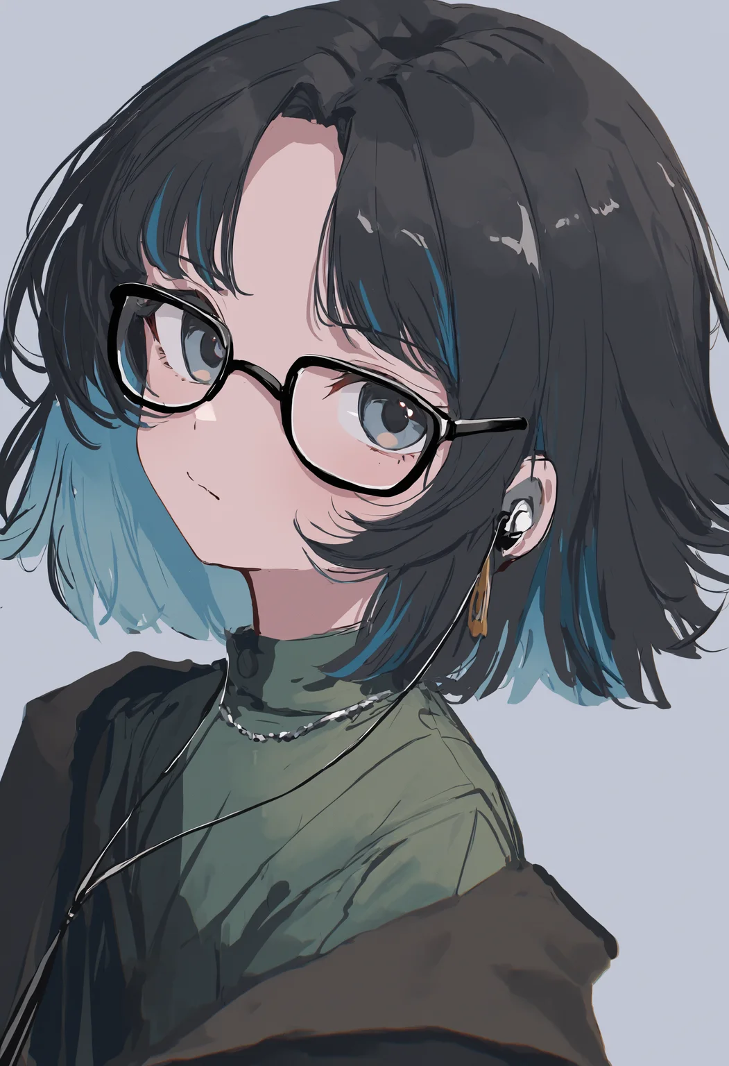 masterpiece, best quality, newest, absurdres, highres, very awa, no lineart, sketch, 1girl, solo, glasses, black hair, green shirt, jewelry, short hair, jacket, necklace, upper body, multicolored hair, colored inner hair, looking at viewer, blue hair, shirt, black-framed eyewear, closed mouth, earphones, two-tone hair, forehead, profile