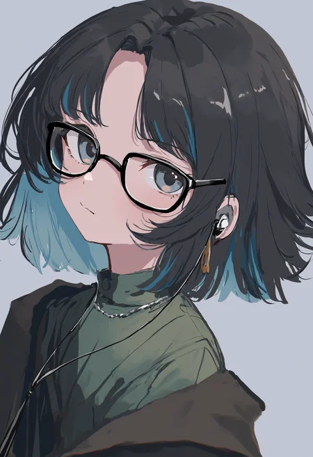 masterpiece, best quality, newest, absurdres, highres, very awa, no lineart, sketch, 1girl, solo, glasses, black hair, green shirt, jewelry, short hair, jacket, necklace, upper body, multicolored hair, colored inner hair, looking at viewer, blue hair, shirt, black-framed eyewear, closed mouth, earphones, two-tone hair, forehead, profile