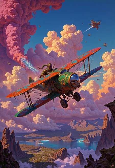 A psychedelic dreamcore scene where an orc pilot performs daring aerial maneuvers in a vividly painted biplane. The sky is a vibrant tapestry of shifting colors, and the orc's goggles glint with the reflection of the dreamlike landscape below. Smoke trails behind the plane, forming intricate, glowing patterns,
in the style of decaying animatronic, claymation, VHS screen grab, grainy, old footage, in the style of an old 80's VHS dark fantasy, VHS screen grab, grainy, old footage