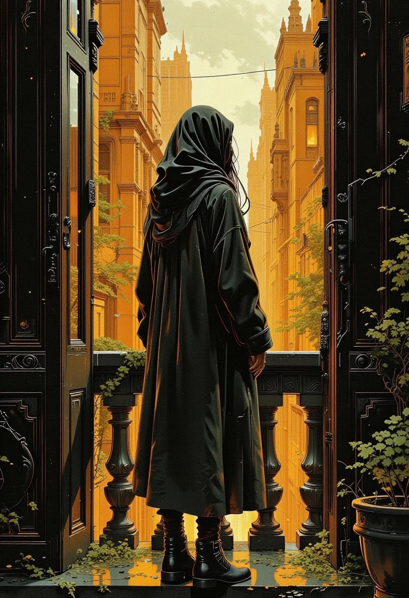 A beautiful African woman wearing (modest casual clothing:1.00), with long hair stands on her balcony in the city, large open doors behind her, black and amber, rich colours, futuristic, sci-fi illustration