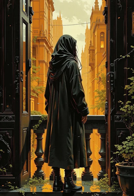A beautiful African woman wearing (modest casual clothing:1.00), with long hair stands on her balcony in the city, large open doors behind her, black and amber, rich colours, futuristic, sci-fi illustration