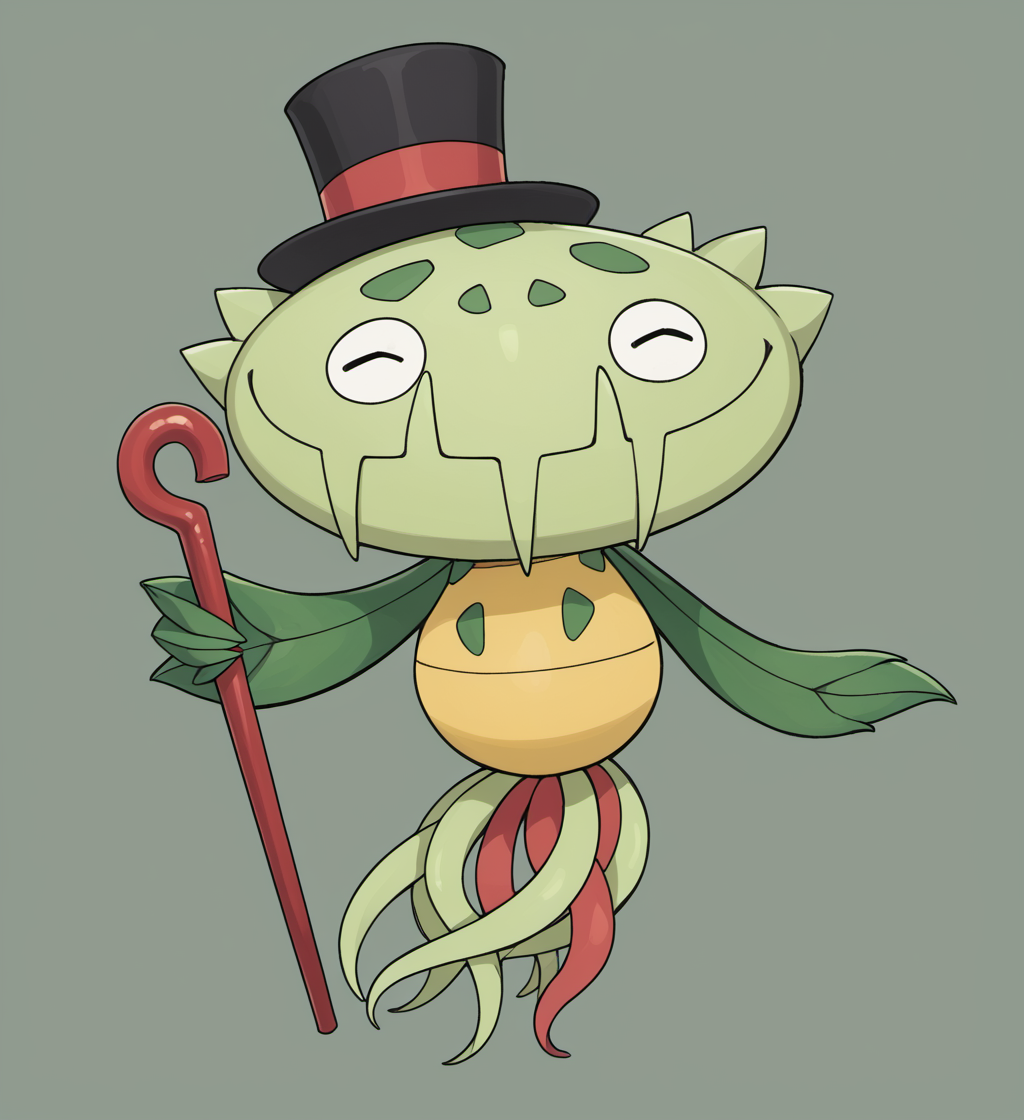 score_9, score_8_up, score_7_up, high res, absurd res, digital media (artwork), source_furry, solo focus, ambiguous gender, full body, top hat, cane, holding cane, carnival background, <lora:lowres_concept_ponyXL_v1:-0.3> <lora:Carnivine_V2:0.9> carnivine, flora fauna, flesh fang, big head, big mouth, leaf arms, tendrils, noseless, green fangs, multicolored body, green spots, simple eyes, feral, winking, one eye closed, closed mouth