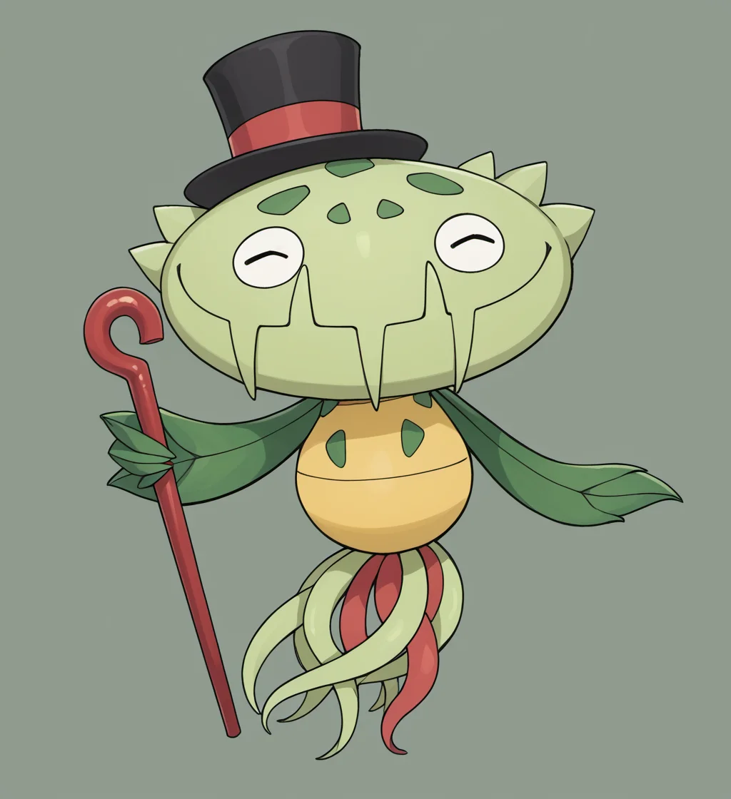 score_9, score_8_up, score_7_up, high res, absurd res, digital media (artwork), source_furry, solo focus, ambiguous gender, full body, top hat, cane, holding cane, carnival background, <lora:lowres_concept_ponyXL_v1:-0.3> <lora:Carnivine_V2:0.9> carnivine, flora fauna, flesh fang, big head, big mouth, leaf arms, tendrils, noseless, green fangs, multicolored body, green spots, simple eyes, feral, winking, one eye closed, closed mouth