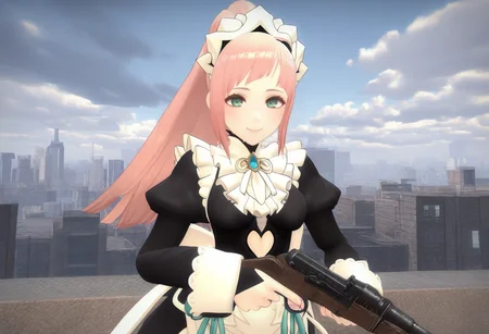 masterpiece, best quality, solo, 1girl, smile, looking at viewer, <lora:left4dead2-Style-illus_Fp:1>, 3d, outdoors, cityscape, cloudy sky, gameplay mechanics, holding gun, felicia \(fire emblem\), maid, ponytail, ak47