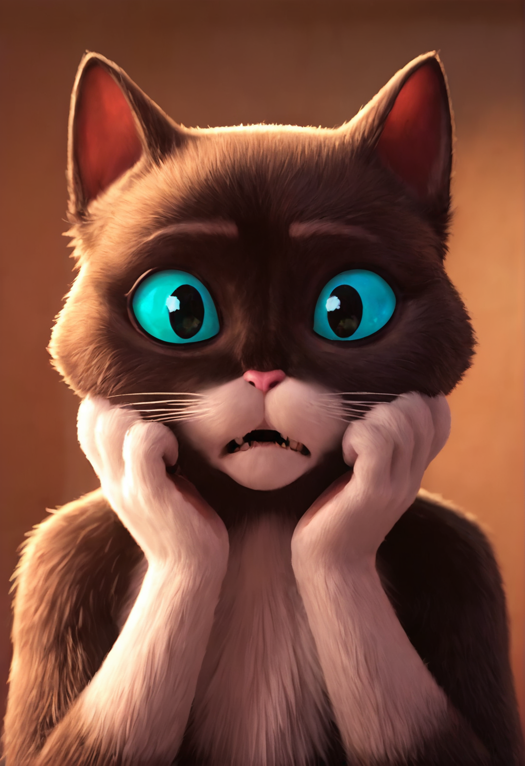 score_9, score_8_up, score_7_up, score_6_up, BREAK
source_furry, source_cartoon, KittySoftpaws, 1girl, close-up on face, (surprised, her hands on her head:1.1), 5 fingers, white hands, looking at viewer, indoors, dim lit<lora:kittysoftpaws:0.7>