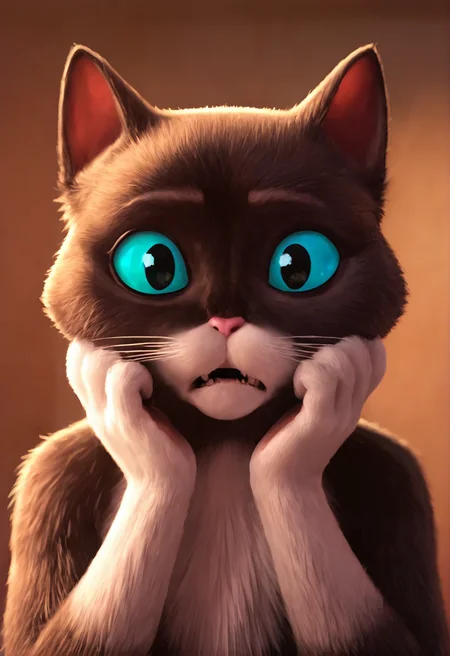 score_9, score_8_up, score_7_up, score_6_up, BREAK
source_furry, source_cartoon, KittySoftpaws, 1girl, close-up on face, (surprised, her hands on her head:1.1), 5 fingers, white hands, looking at viewer, indoors, dim lit<lora:kittysoftpaws:0.7>