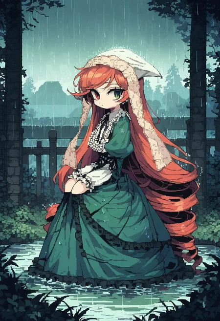 score_9, score_8_up, score_7_up, score_6_up, score_5_up, score_4_up,<lora:d3p1x3lXLP:1> d3p1x3l, pixel art, 1girl,alone,kneeling, (hill:1.2),top of a hill,girl on top of a hill, rain, wet, wet surface, <lora:Rain (pony) v1:1>,<lora:Pony_DetailV2.0:1>, suiseiseki, green dress, corset,