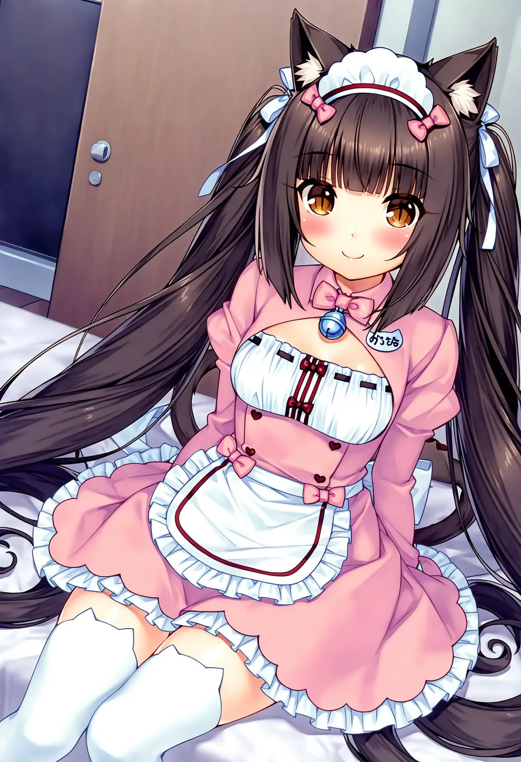 masterpiece, best quality, good quality, very awa, very aesthetic, absurdres, newest,chocola \(nekopara\), 1girl, animal ears, solo, cat ears, twintails, long hair, bell, bow, closed mouth, smile,indoors, bedroom, blunt bangs, apron, jingle bell, maid headdress, brown eyes, long sleeves, animal ear legwear, cat ear legwear, breasts, frills, cleavage cutout, cat girl, name tag, clothing cutout, very long hair, puffy sleeves, neck bell, sitting, waist apron, blush, hair bow, thighhighs, brown hair, pink dress, pink bow, waitress, animal ear fluff, frilled apron, maid,<lora:chocola_nekopara-000004:0.8>