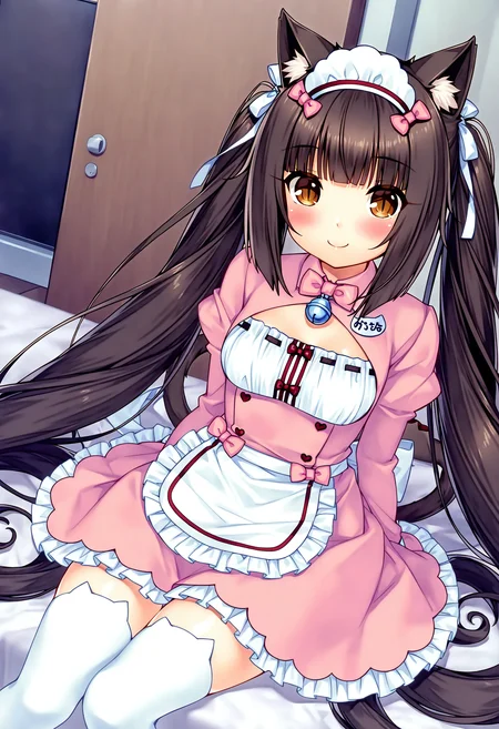 masterpiece, best quality, good quality, very awa, very aesthetic, absurdres, newest,chocola \(nekopara\), 1girl, animal ears, solo, cat ears, twintails, long hair, bell, bow, closed mouth, smile,indoors, bedroom, blunt bangs, apron, jingle bell, maid headdress, brown eyes, long sleeves, animal ear legwear, cat ear legwear, breasts, frills, cleavage cutout, cat girl, name tag, clothing cutout, very long hair, puffy sleeves, neck bell, sitting, waist apron, blush, hair bow, thighhighs, brown hair, pink dress, pink bow, waitress, animal ear fluff, frilled apron, maid,<lora:chocola_nekopara-000004:0.8>