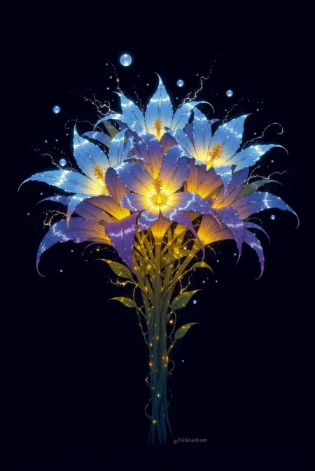 <lora:DGLO_style_v.7:0.75> DGLO style.
A magical bouquet bursts forth, its petals painted in glowing hues of azure, gold, and violet, reminiscent of an aurora. The flowers appear alive, with light flowing through their veins like liquid energy, illuminating their elegant curves. Tiny orbs of light float around the blooms, trailing soft, luminescent threads that add an otherworldly beauty to the scene. The bouquet is nestled in a dark, mystical void, with faint hints of sparkling constellations in the background. The stems are sleek and elegant, rising from an invisible base as though this surreal creation has blossomed directly from light itself.