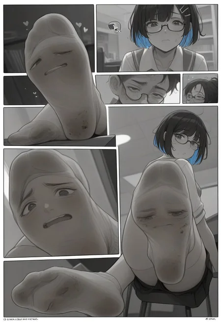 score_9, score_8_up, score_7_up, 
comic panels,2panels ,
[panel1 ： detailed , 1girl, (black hair:1.1), highlights in hair, blue highlights, bob cut hair style, messy hair, hair clip, hazel eyes, square frame glasses, black frame glasses, school uniform, short skirt, blue and white socks,  school，classroom,sitting on a chair,] ,
[ panel2 ：Stretch out your socked feet, the soles of your socked feet, the focus of your soles,Looking from below, looking down,]manga page,manga layout, panels, manga panels, page layoutcomic panels, manga page, speedlines, cover,  hearts, living socks, socks have detailed faces on soles, dirty socks, smelly socks,