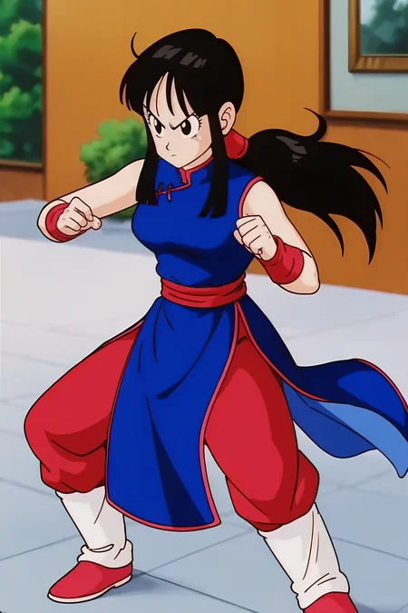 source_anime, score_9, score_8_up, score_7_up, anime screencap,8k, absurdres,
chi-chi, aged up, 1girl, solo, long hair, breasts, bangs, black hair, medium breasts, closed mouth, standing, full body, ponytail, sidelocks, sleeveless, red pants, blunt bangs, blurry, black eyes, fingernails, v-shaped eyebrows, sleeveless dress, blurry background, blue dress, frown, chinese clothes, red wristband, china dress, legs apart, serious, fighting stance, (palms), floating clothes, looking at another, pink footwear, red sash, white leg warmers, floating hair
<lora:chichidb_pony_v2:0.8>
