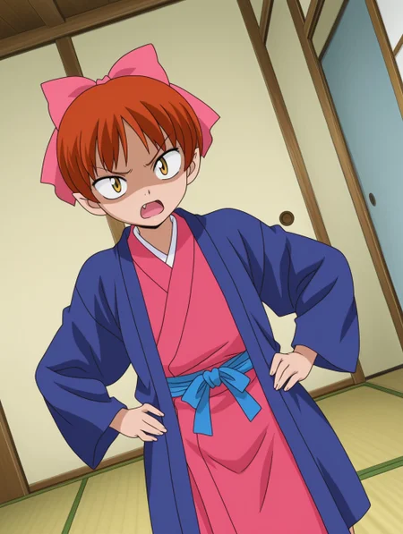 masterpiece, best quality, amazing quality, detailed background, perfect eyes, anime coloring, anime screenshot, 2000s \(style\), 1girl, solo, nekomusume (gegege no kitaro 5), red hair, short hair, choppy bangs, pink hair bow, yellow eyes, small breasts, ryokan, japanese clothes, blue hanten (clothes), pink kimono, blue sash, shaded face, annoyed, open mouth, fang, hands on hips, dutch angle, cowboy shot, (indoors, bedroom, tatami floor),