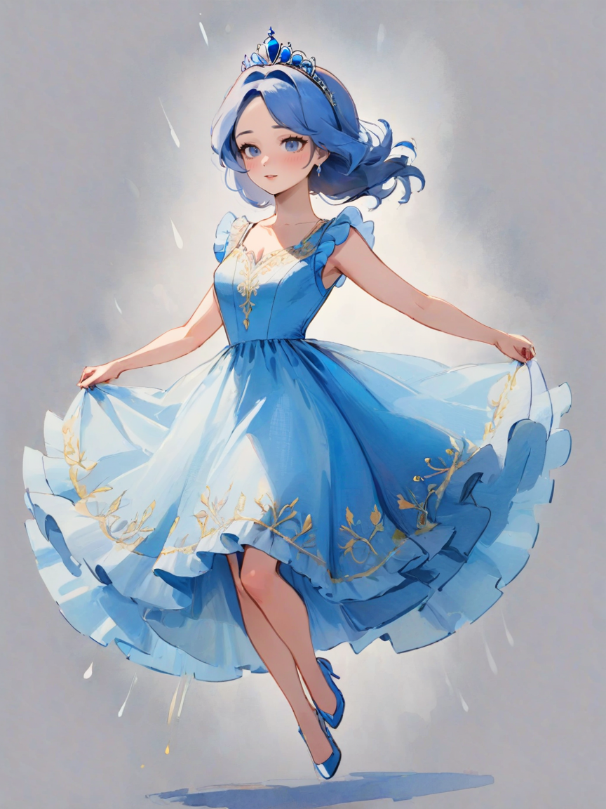 Watercolor painting beautiful young woman wearing a Carolina Blue princess dress, <lora:xl_princess_dress-2.0:0.8>, Research Center, Jumping,  . Vibrant, beautiful, painterly, detailed, textural, artistic