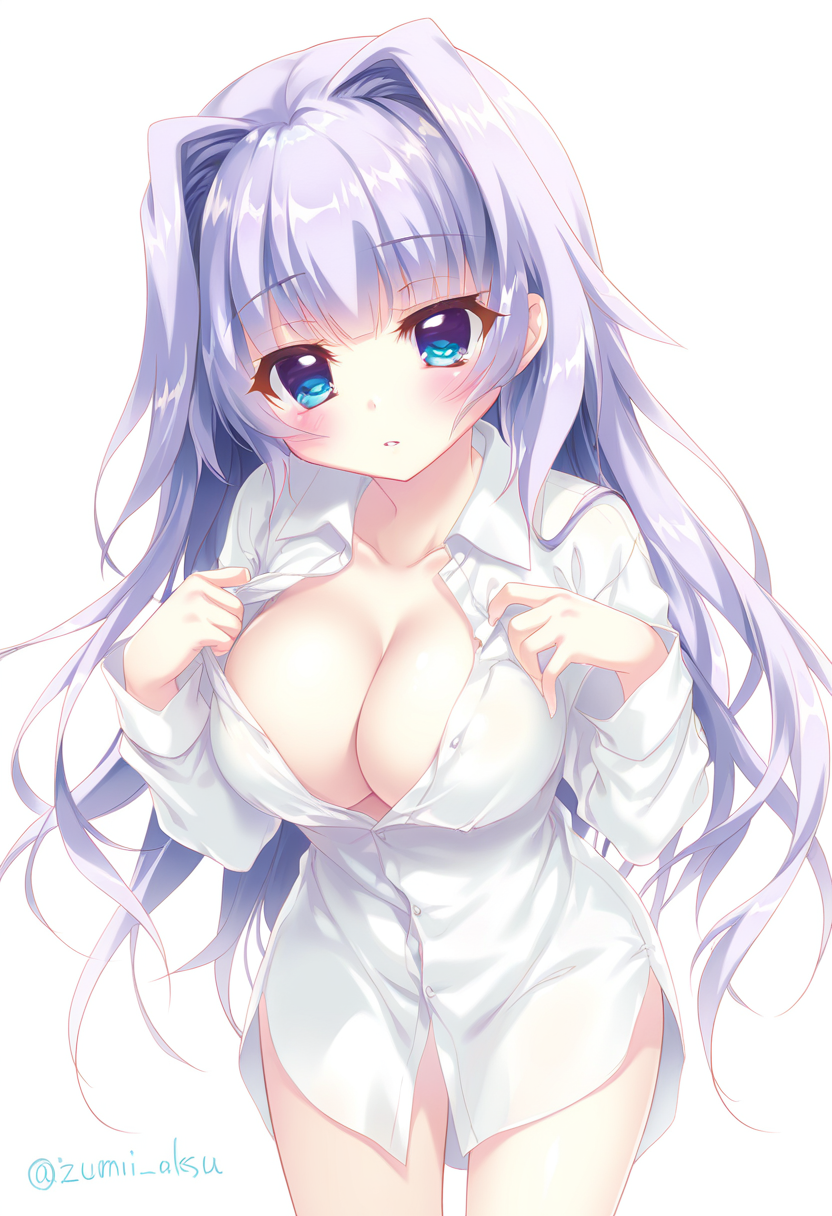 9-nine-, kousaka haruka, year 2023, 
1girl, blue eyes, blunt bangs, blush, breasts, buttons, cleavage, clothes pull, collared shirt, cowboy shot, dress shirt, eyelashes, eyes visible through hair, hair down, hair intakes, hands up, large breasts, long hair, long sleeves, looking at viewer, naked shirt, oversized clothes, parted lips, partially unbuttoned, presenting breasts, pulling own clothes, purple hair, shirt, shirt pull, sidelocks, simple background, sketch, solo, twitter username, very long hair, white background, white shirt
best quality, amazing quality, very aesthetic, absurdres, <lora:haruka_noobxl11-v3:0.6>, <lora:ArtPainting:0.2>, <lora:nyalia:0.6>