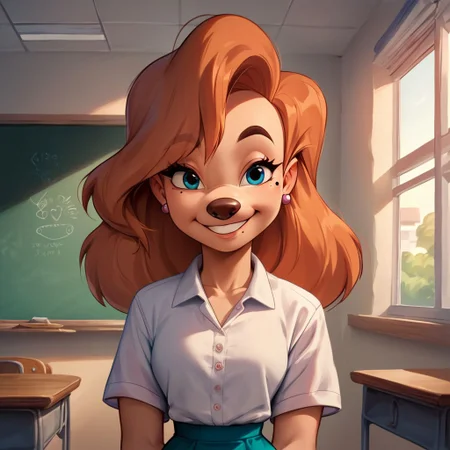 score_9, score_8_up, score_7_up, score_6_up, score_5_up, score_4_up, rating_safe, 1girl, Rox, mole, furry, in a classroom, small smile