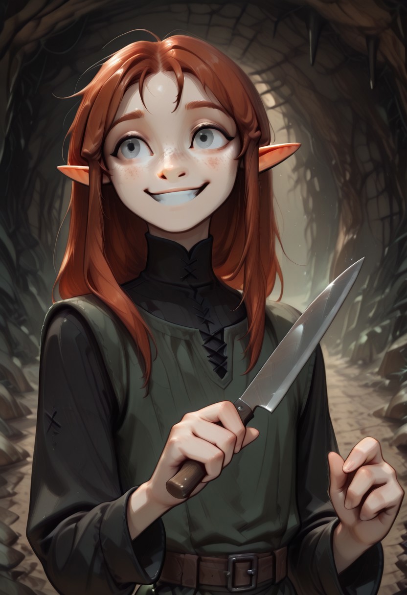1person, Lapanya, Malgha, freckles, pointy ears, Long-sleeve black shirt, green tunic,
Smiling, holding knife,
Close up, 3/4 view,
Underground, organic cavern,
Anime style,